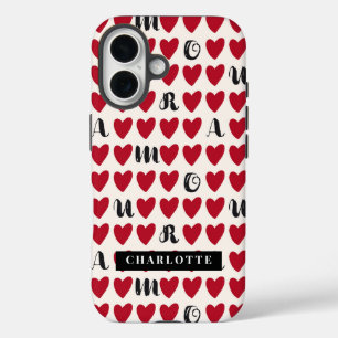 Funda iPhone 16 Estuche para iphone monograma con patrón de corazó