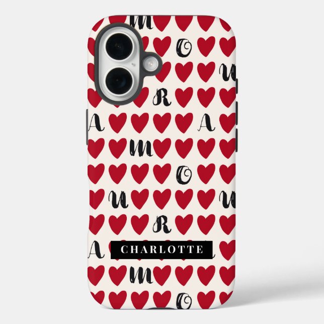Funda iPhone 16 Estuche para iphone monograma con patrón de corazó (Reverso )