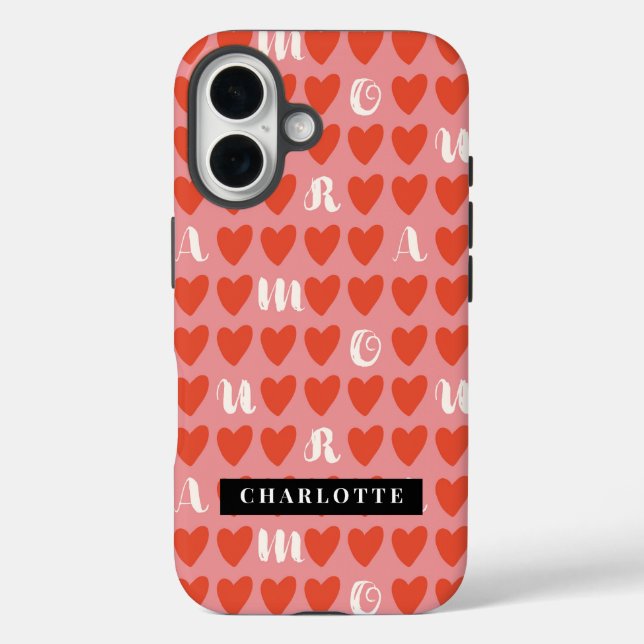 Funda iPhone 16 Estuche para iphone monograma con patrón de corazó (Reverso )