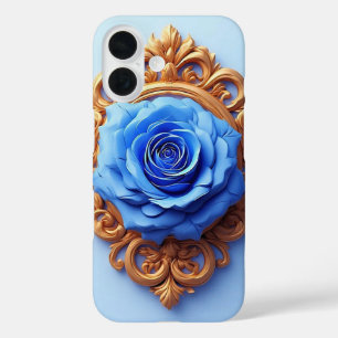 Funda iPhone 16 Exhibición de elegante rosa azul en marco de oro o