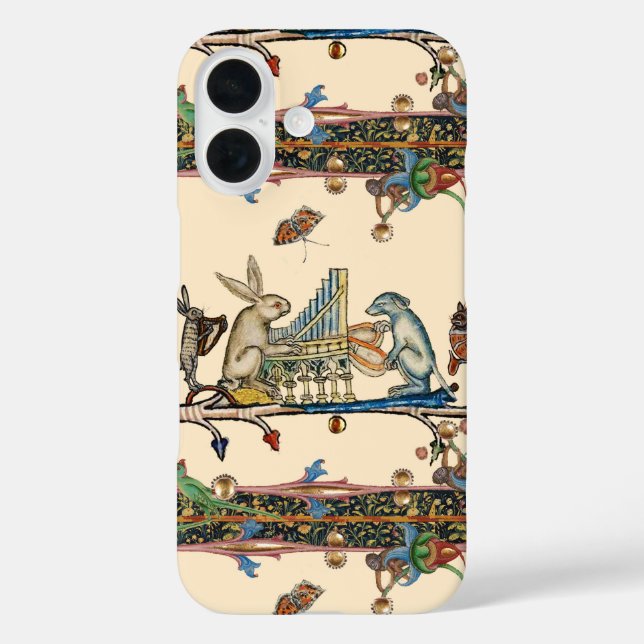 Funda iPhone 16 EXTRAÑO BESTIARIO MEDIEVAL QUE HACE MÚSICA, conejo (Reverso )
