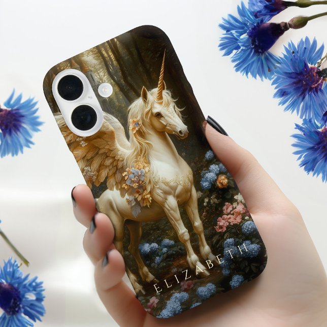 Funda iPhone 16 Fantasía blanca Pegasus Floral Woodland Castle Art (Subido por el creador)