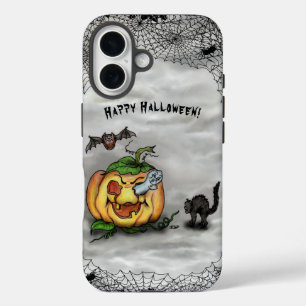 Funda iPhone 16 Fantasma, Gato, Bat y Calabaza, ¡Feliz Halloween!