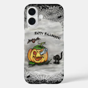 Funda iPhone 16 Fantasma, Gato, Bat y Calabaza, ¡Feliz Halloween!