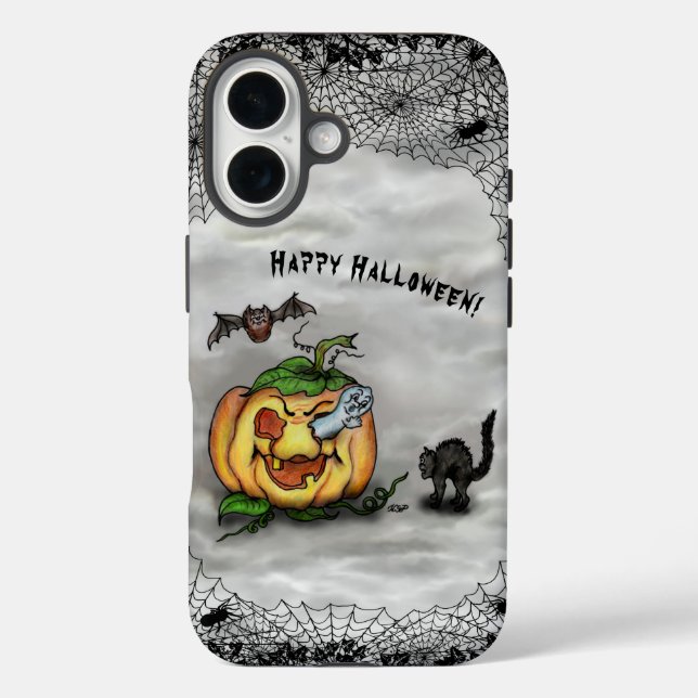Funda iPhone 16 Fantasma, Gato, Bat y Calabaza, ¡Feliz Halloween! (Reverso )