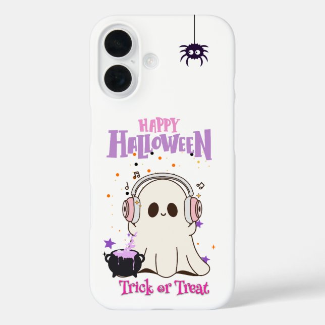Funda iPhone 16 Fantasma lindo con auriculares iPhone Halloween 16 (Reverso )
