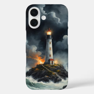 Funda iPhone 16 Faro por la noche en una tormentosa cubierta de ma