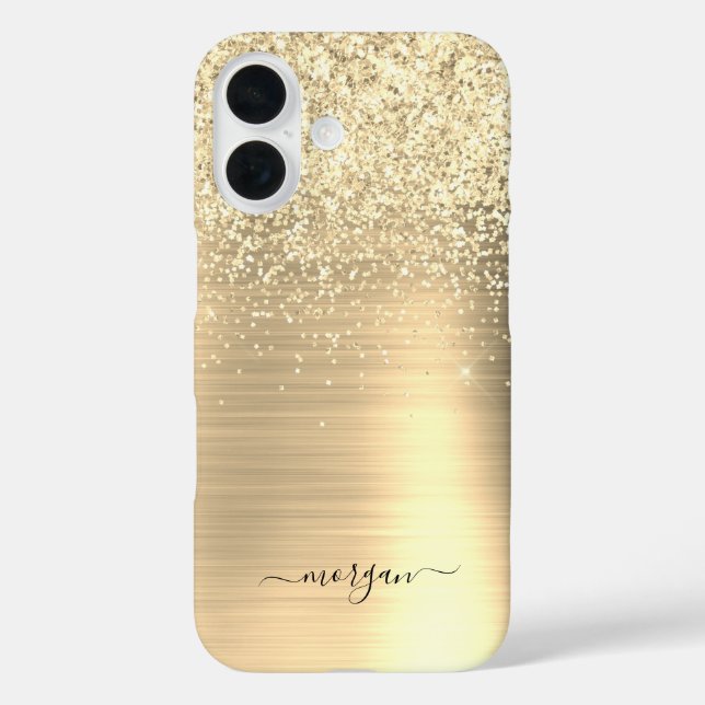 Funda iPhone 16 Faux Brushed Gold Metalizado, Purpurina, nombre de (Reverso )
