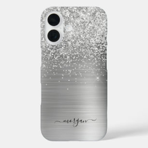 Funda iPhone 16 Faux Brusht Silver Metalizado, Purpurina, nombre d