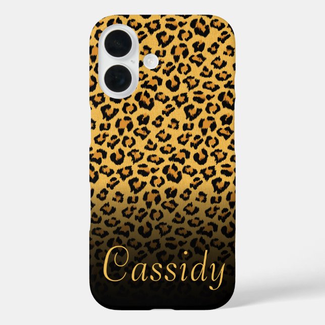 Funda iPhone 16 Faux Fur Wild Leopard Print con nombre de oro (Reverso )