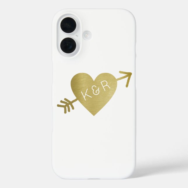 Funda iPhone 16 Faux Gold Heart of love with initis, romántico (Reverso )