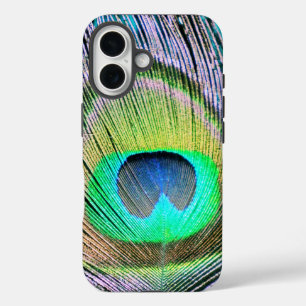 Funda iPhone 16 Feather de pavo real sobre turquesa