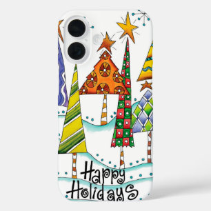 Funda iPhone 16 ¡Felices Fiestas! Árboles de Navidad con estrellas