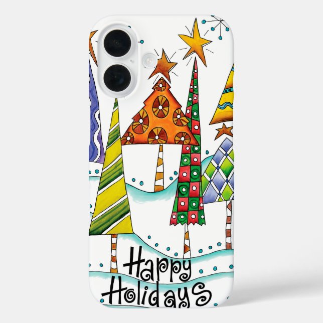 Funda iPhone 16 ¡Felices Fiestas! Árboles de Navidad con estrellas (Reverso )