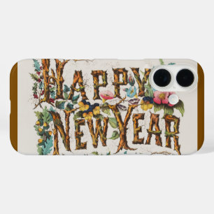 Funda iPhone 16 Feliz Año Nuevo en troncos de árboles, bellotas y 
