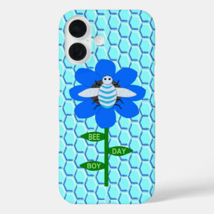 Funda iPhone 16 Feliz Día de la Abeja Niño Azul Cumpleaños Abejorr