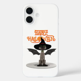 Funda iPhone 16 Feliz Halloween. Gato con alas y gorra de bruja