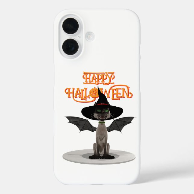Funda iPhone 16 Feliz Halloween. Gato con alas y gorra de bruja (Reverso )