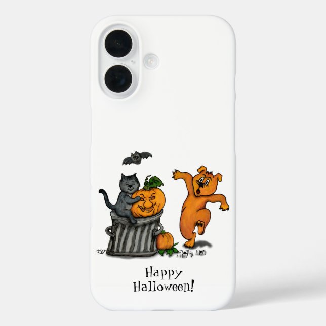 Funda iPhone 16 ¡Feliz Halloween! Perro de gato y araña (Reverso )