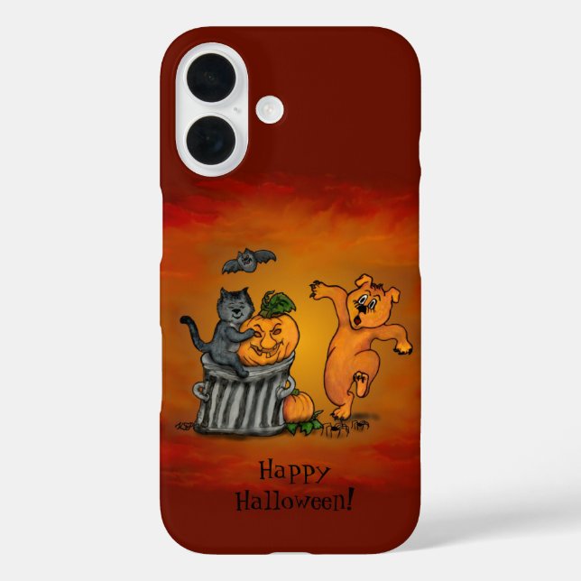 Funda iPhone 16 ¡Feliz Halloween! Perro de gato y araña (Reverso )