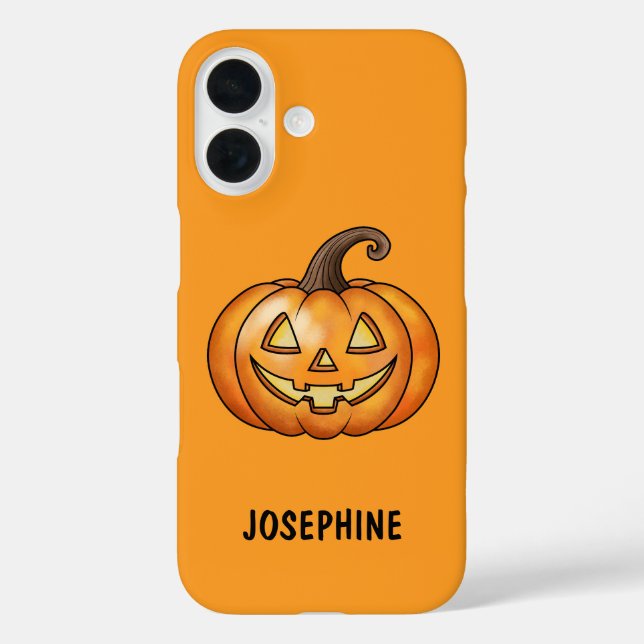 Funda iPhone 16 Feliz Naranja Personalizado Calabaza con nombre Ha (Reverso )