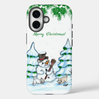 ¡Feliz Navidad! Hombre de nieve con gato y cachorr