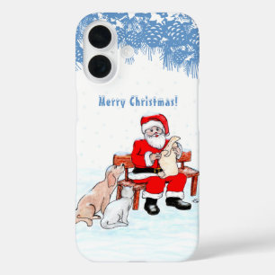 Funda iPhone 16 Feliz Navidad - Papá Noel con gato y perro