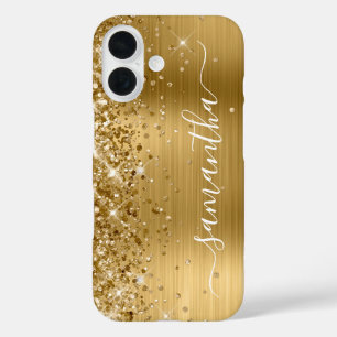 Funda iPhone 16 Femenino Dorado Brillante con Firma Glittery