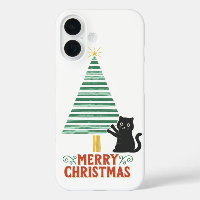 Funda iPhone 16 Festividad del Árbol de navidad del gato negro lin (Reverso )