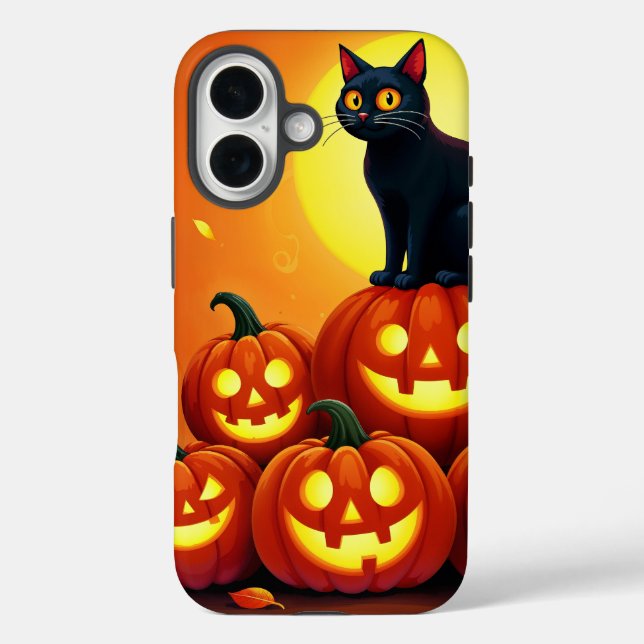 Funda iPhone 16 Festividades de Halloween con gatos y luna llena (Reverso )