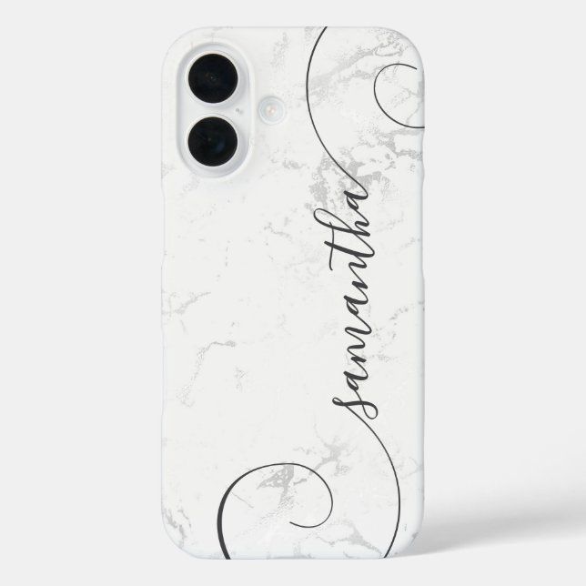 Funda iPhone 16 Firme Curly de Mármol Blanco Plateado (Reverso )