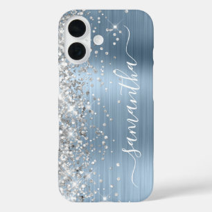 Funda iPhone 16 Firme Femenino Azul Claro Brillo Plateado