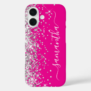Funda iPhone 16 Firme femenino rosa caliente con brillo plateado