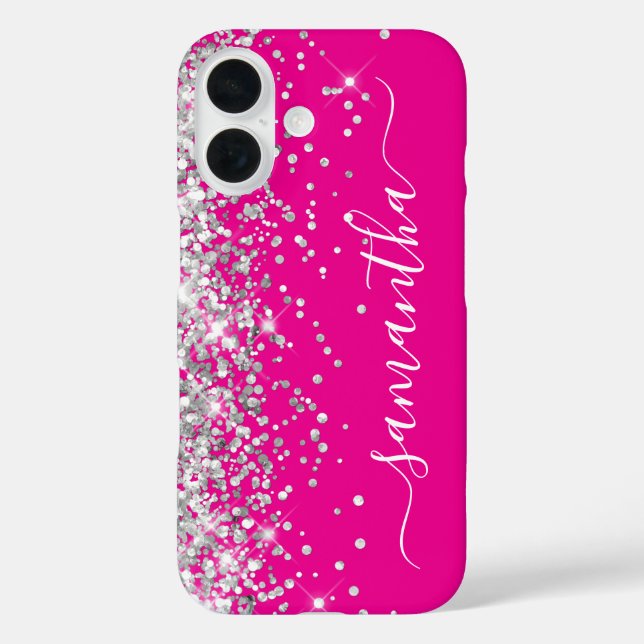 Funda iPhone 16 Firme femenino rosa caliente con brillo plateado (Reverso )