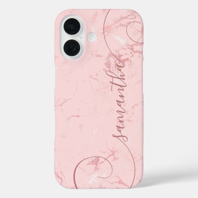 Funda iPhone 16 Firme rizado de mármol rosa rubor (Reverso )