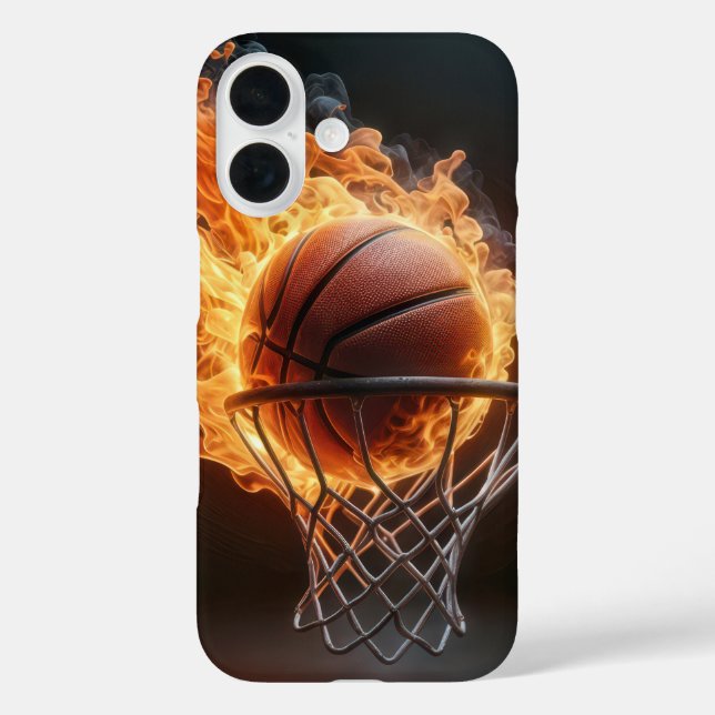 Funda iPhone 16 Flamando el baloncesto en el aro (Reverso )