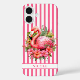 Funda iPhone 16 Flamenco con Flores Tropicales sobre Rayas