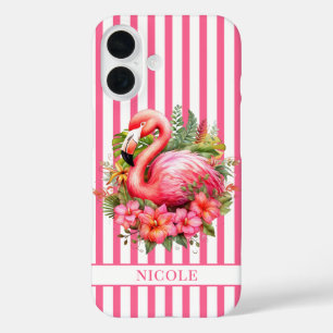 Funda iPhone 16 Flamenco con Flores Tropicales sobre Rayas