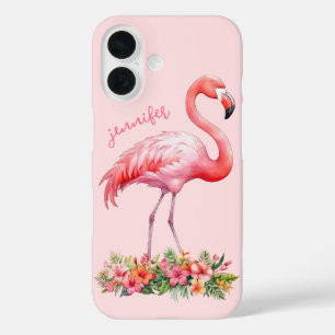 Funda iPhone 16 Flamenco Rosa con Flores Tropicales