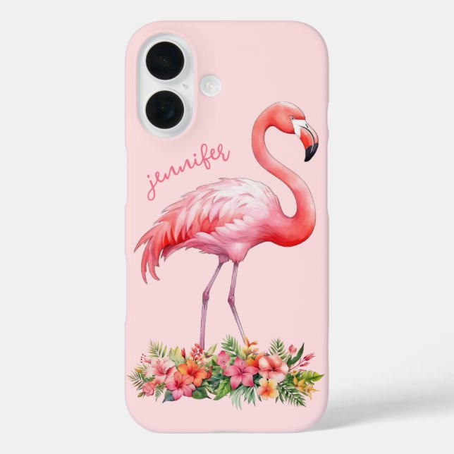 Funda iPhone 16 Flamenco Rosa con Flores Tropicales (Reverso )