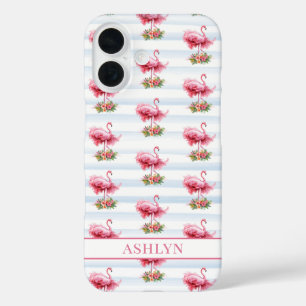 Funda iPhone 16 Flamencos con Flores en Rayas de Acuarela