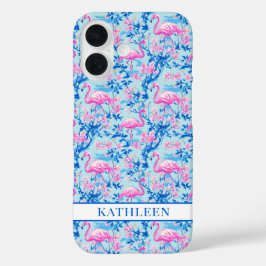 Funda iPhone 16 Flamencos con Flores Rosas Monogramadas
