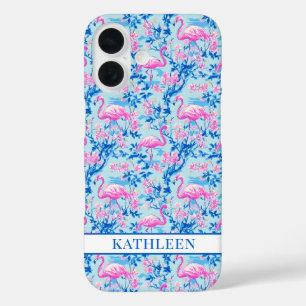Funda iPhone 16 Flamencos con Flores Rosas Monogramadas