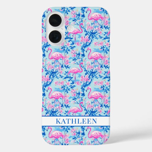 Funda iPhone 16 Flamencos con Flores Rosas Monogramadas (Reverso )