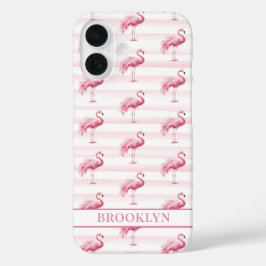 Funda iPhone 16 Flamencos en Rayas de Acuarela Monogramados