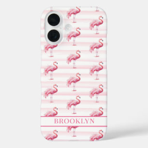 Funda iPhone 16 Flamencos en Rayas de Acuarela Monogramados