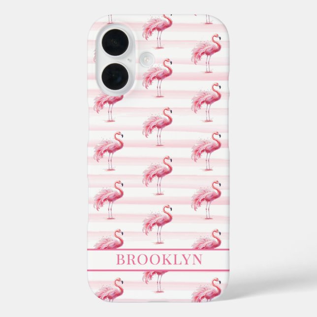 Funda iPhone 16 Flamencos en Rayas de Acuarela Monogramados (Reverso )