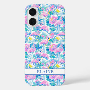 Funda iPhone 16 Flamencos Monogramados de Acuarela Rosa