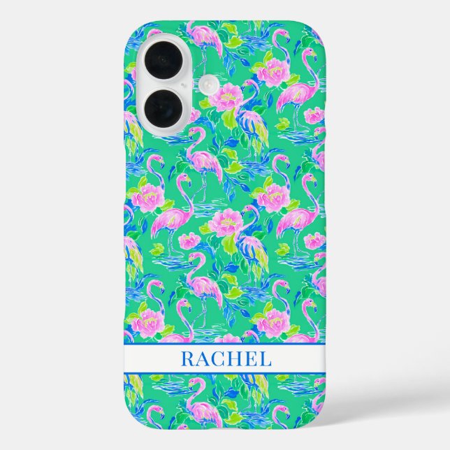Funda iPhone 16 Flamencos Rosados Monogramados (Reverso )