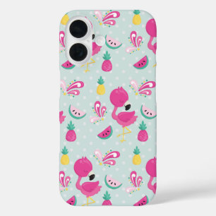 Funda iPhone 16 Flamingo rosa y patrón de frutas tropicales